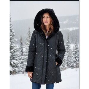 Dennis Basso Quilted Faux Fur Trim Hooded Jacket Women's Black Warm Winter Coat